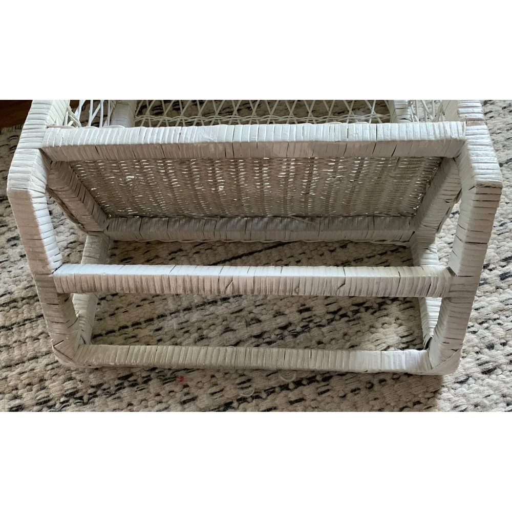 Vintage White Wicker Wall Shelf Arched Rattan 2 Tier Towel Bar Boho Cottagecore